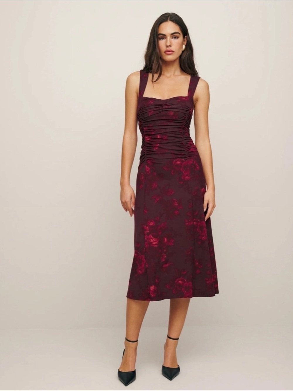 Reformation Burgundy Floral Ruched Midi Dress